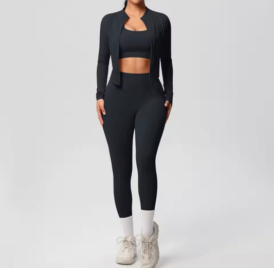 KO Fitness & Yoga Set Dames 3-delige Sportset met Sportbeha, High-Waist Leggings & Jas